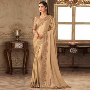 Beige Partywear Sequence Embroidered Silk Saree - Peachmode