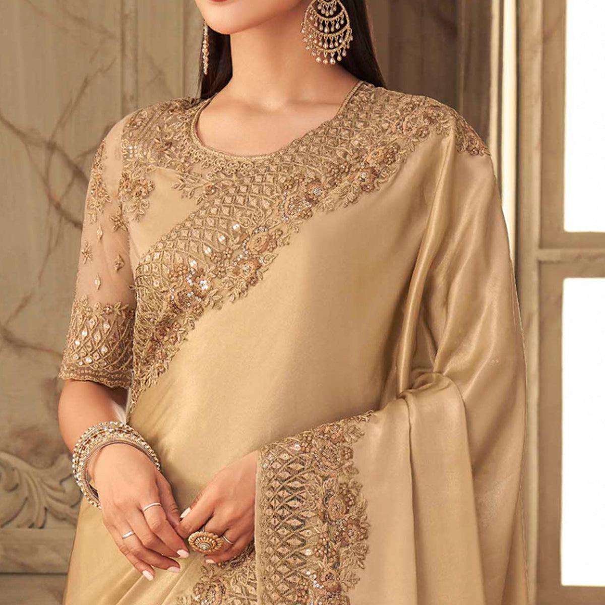 Beige Partywear Sequence Embroidered Silk Saree - Peachmode