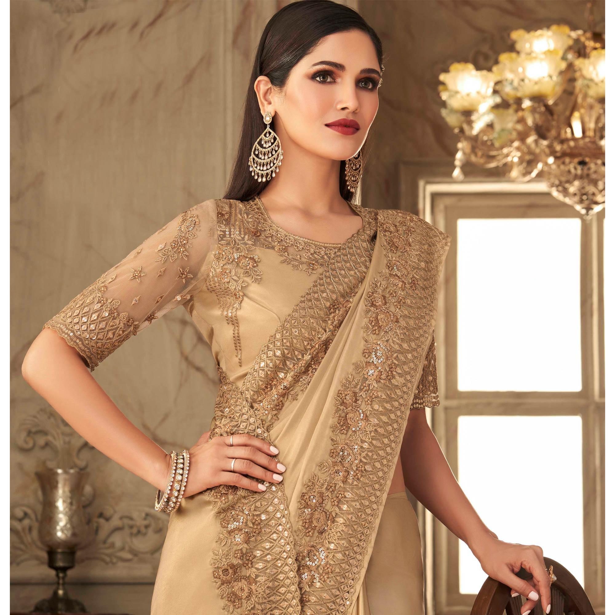Beige Partywear Sequence Embroidered Silk Saree - Peachmode