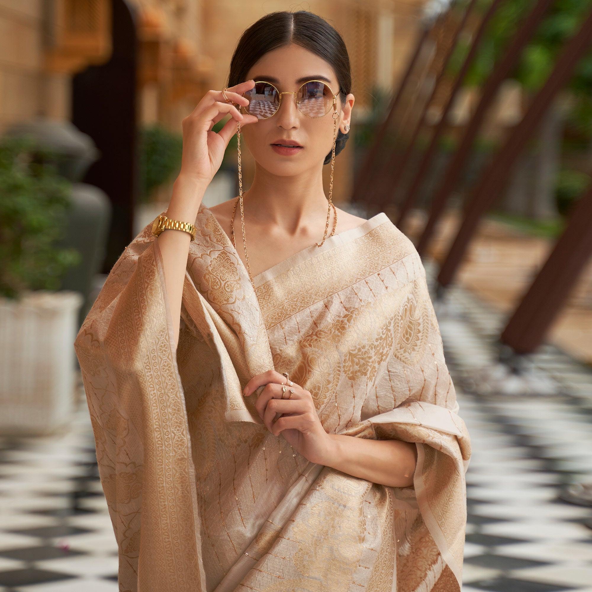 Beige Partywear Sequence Woven Chanderi Silk Saree - Peachmode