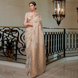 Beige Partywear Woven Chanderi Saree - Peachmode