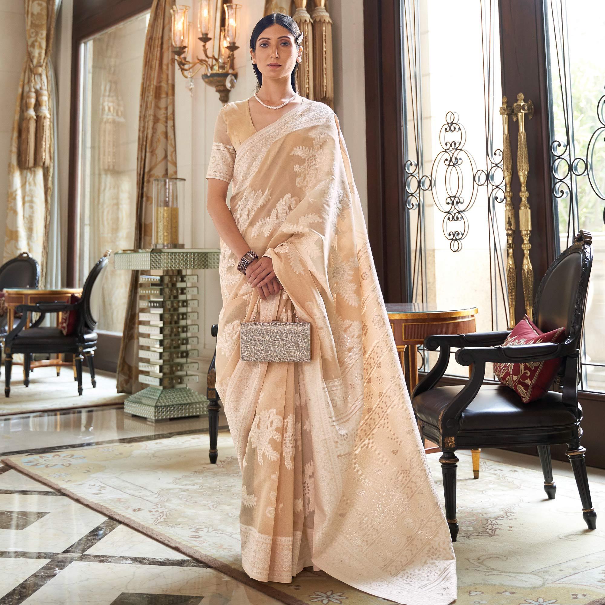 Beige Partywear Woven Chanderi Silk Saree - Peachmode