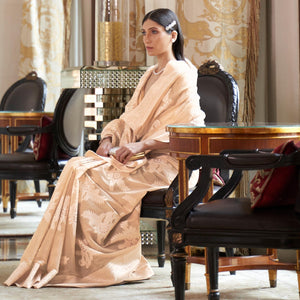 Beige Partywear Woven Chanderi Silk Saree - Peachmode