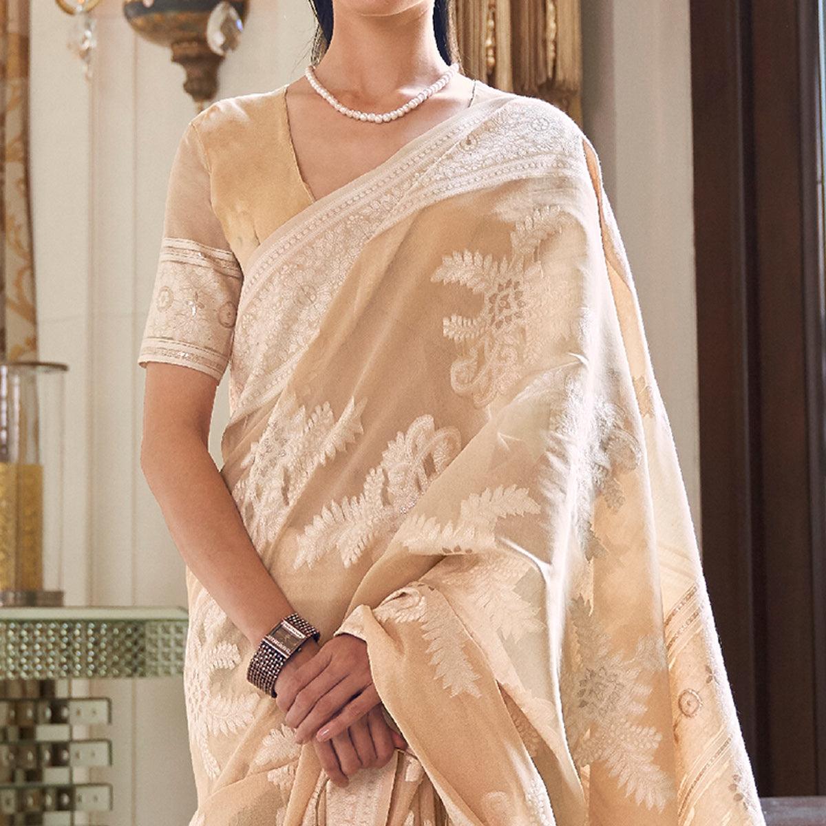 Beige Partywear Woven Chanderi Silk Saree - Peachmode