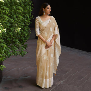 Beige Partywear Woven Linen Saree - Peachmode