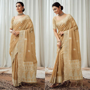 Beige Partywear Woven Lucknowi Linen Saree - Peachmode