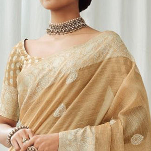 Beige Partywear Woven Lucknowi Linen Saree - Peachmode