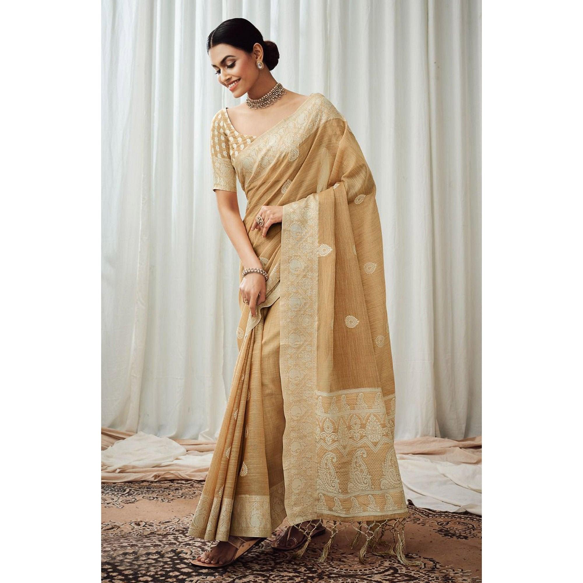 Beige Partywear Woven Lucknowi Linen Saree - Peachmode