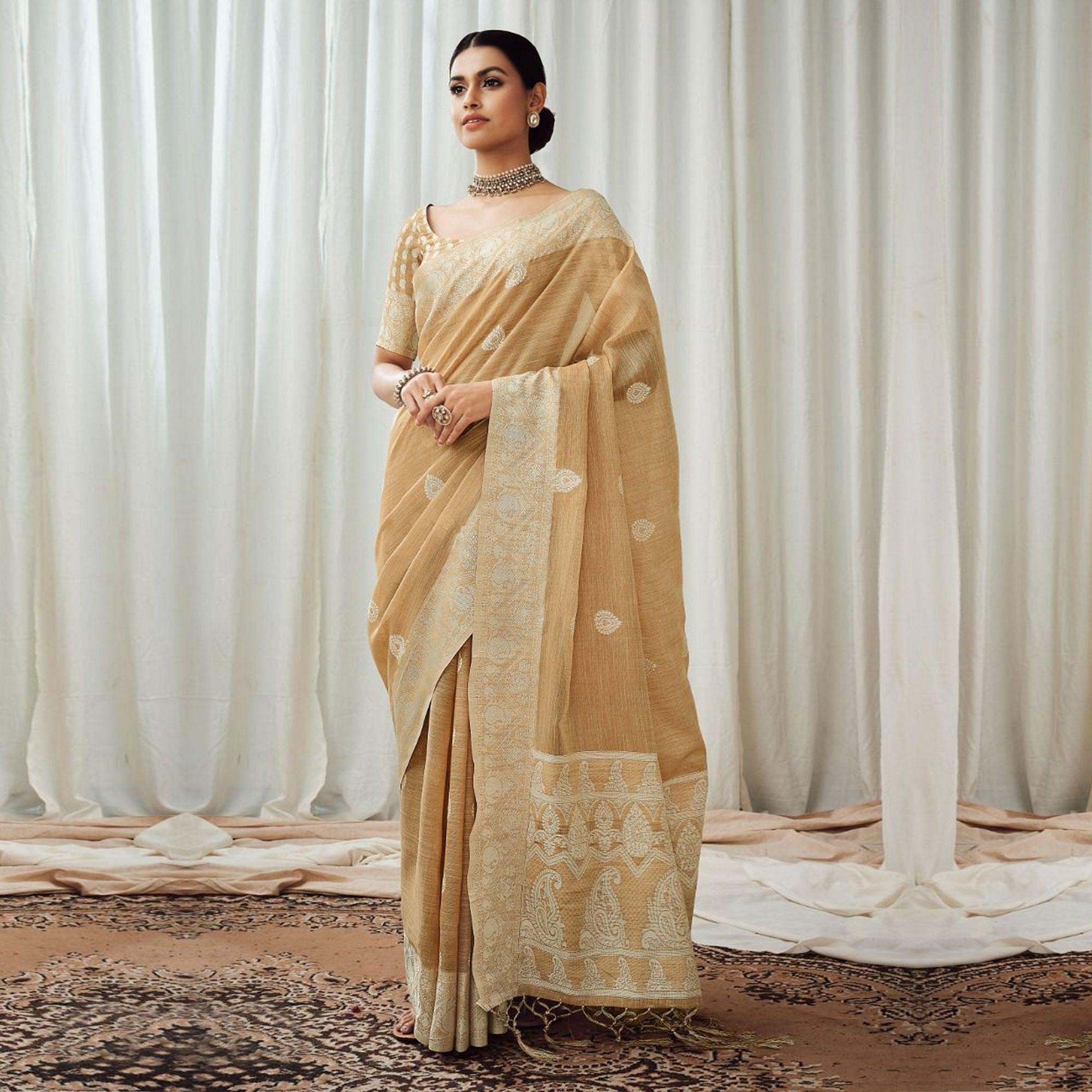 Beige Partywear Woven Lucknowi Linen Saree - Peachmode