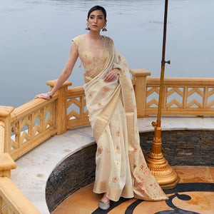 Beige Partywear Woven Pure Linen Saree - Peachmode