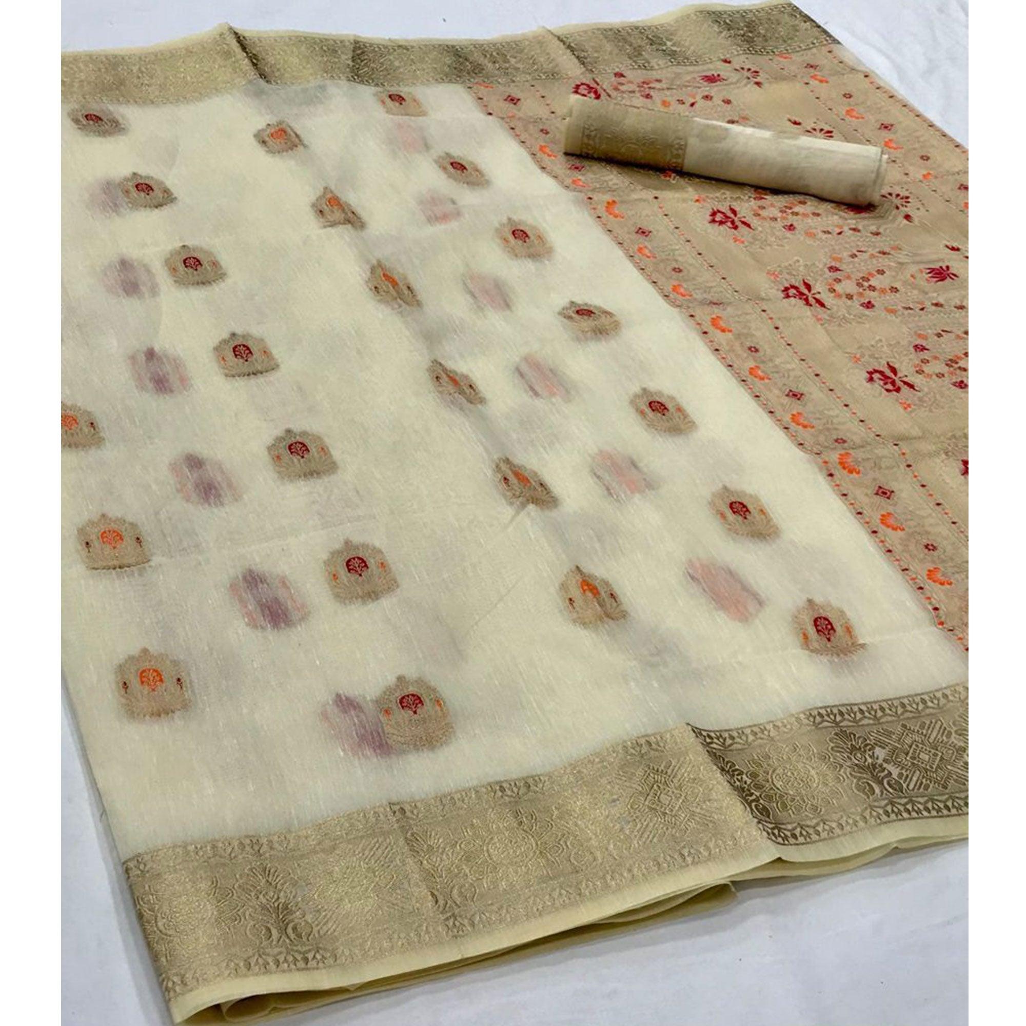 Beige Partywear Woven Pure Linen Saree - Peachmode