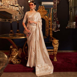 Beige Partywear Woven Satin Saree - Peachmode