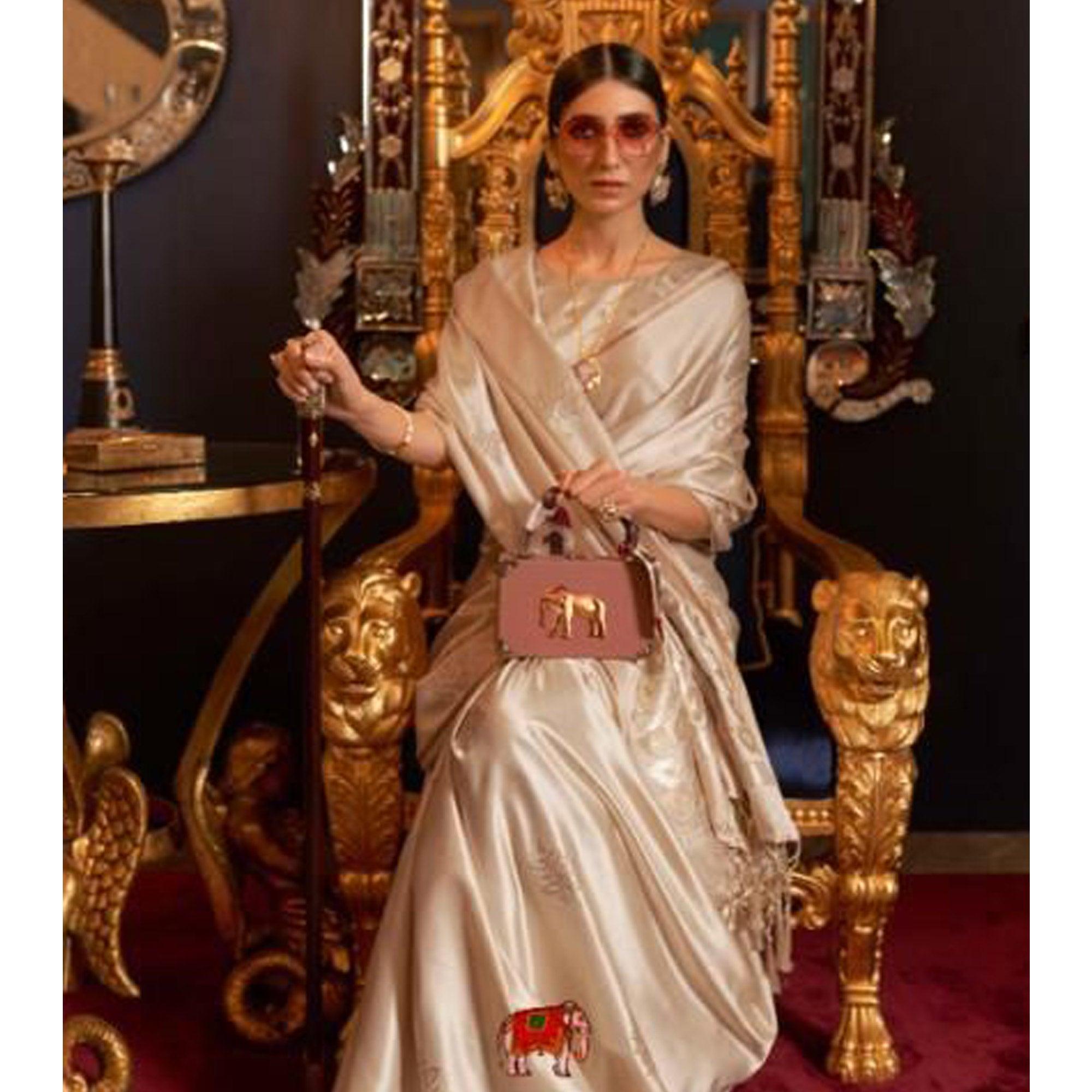 Beige Partywear Woven Satin Saree - Peachmode