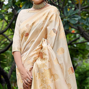 Beige Partywear Woven Silk Saree - Peachmode