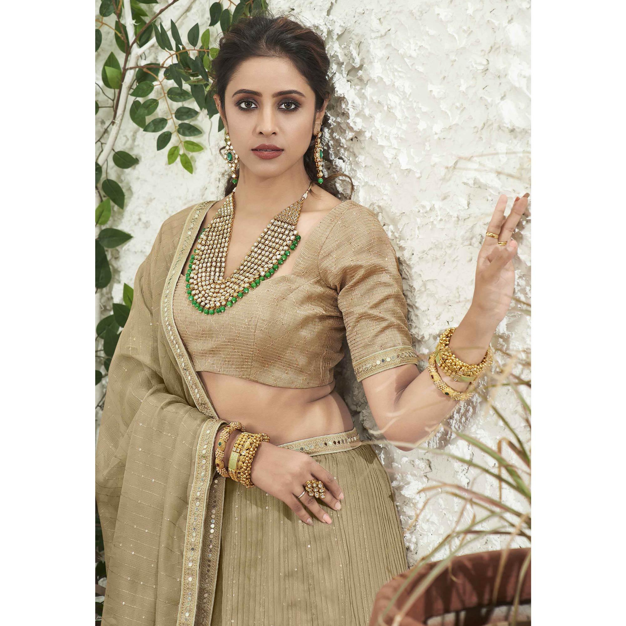 Beige Partywear Zari Sequence Embroidered Organza Lehenga Choli - Peachmode