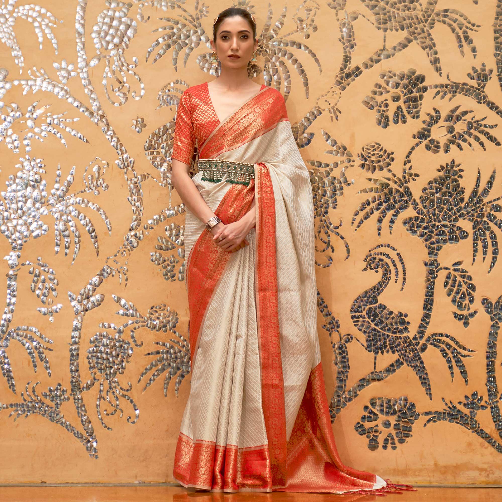 Beige Partywear Zari Woven Pure Silk Saree - Peachmode