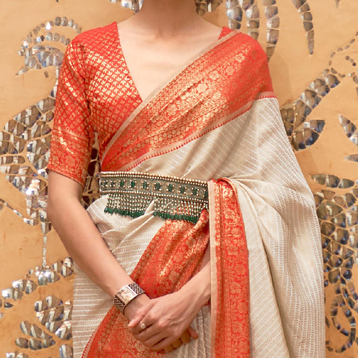 Beige Partywear Zari Woven Pure Silk Saree - Peachmode