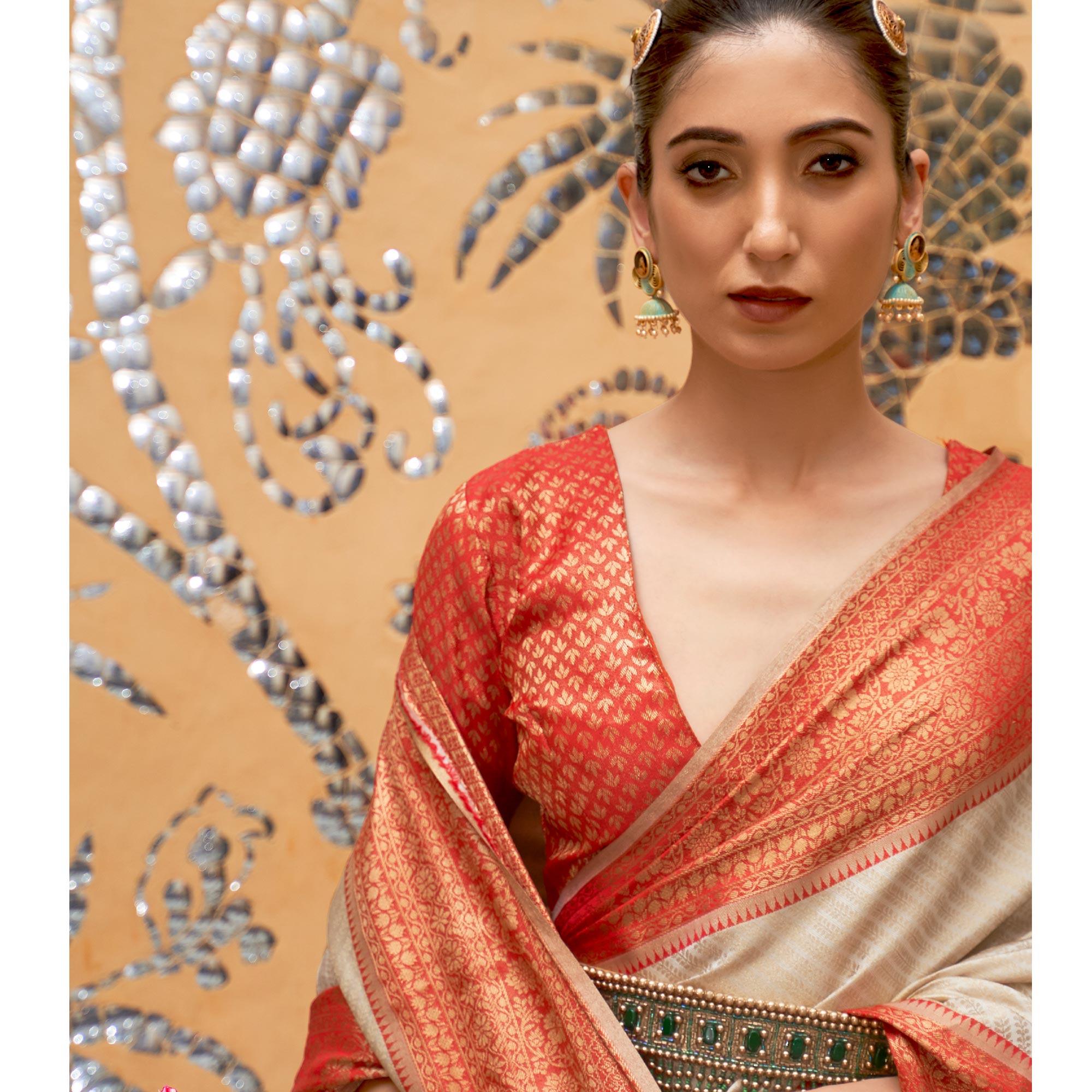 Beige Partywear Zari Woven Pure Silk Saree - Peachmode