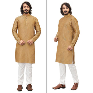 Beige Printed Art Silk Men's Kurta Pyjama Set - Peachmode