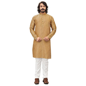 Beige Printed Art Silk Men's Kurta Pyjama Set - Peachmode