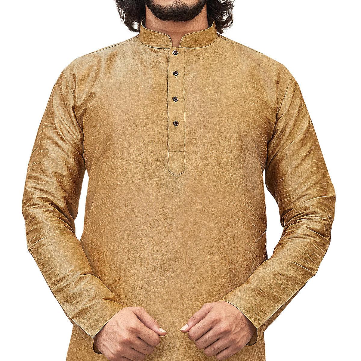 Beige Printed Art Silk Men's Kurta Pyjama Set - Peachmode