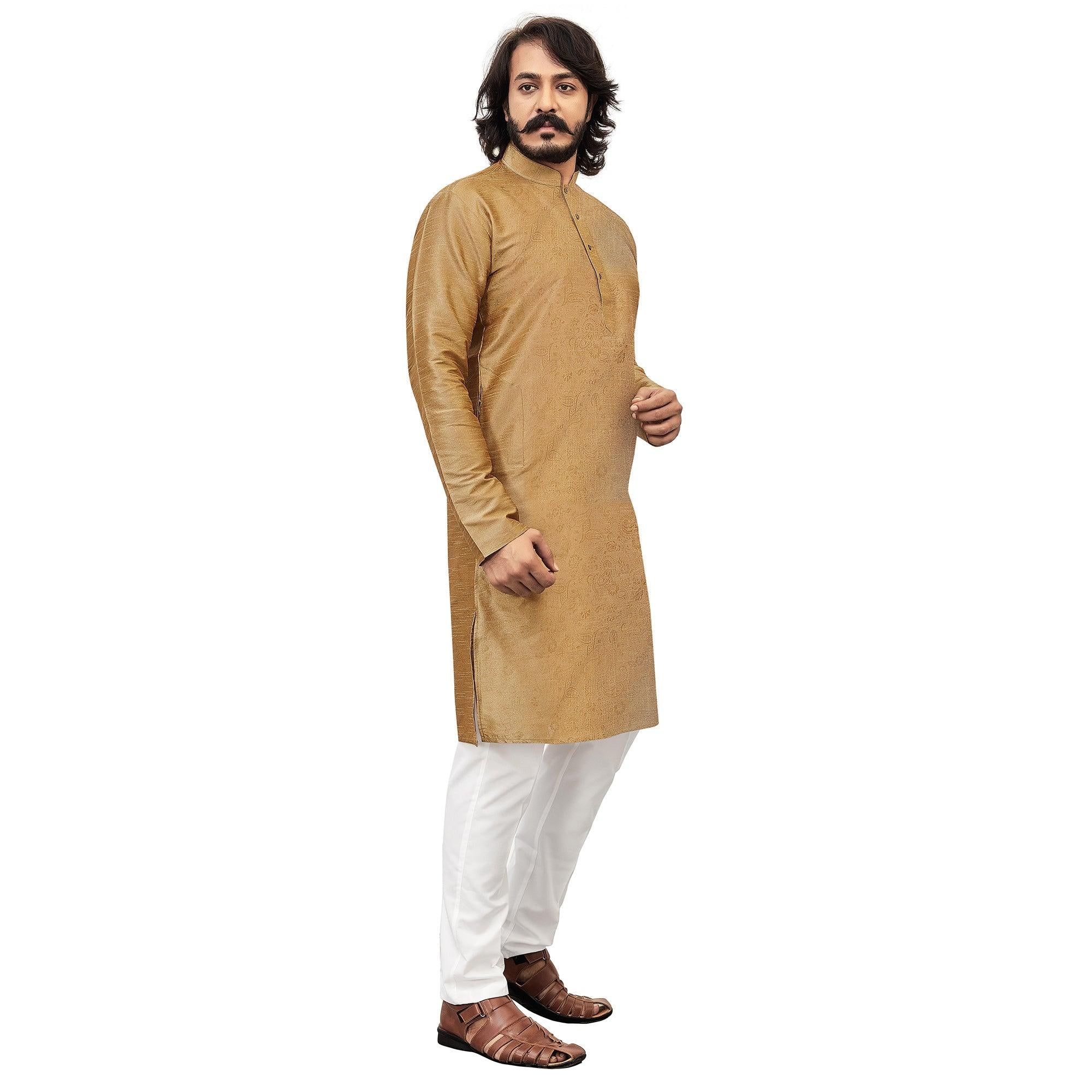 Beige Printed Art Silk Men's Kurta Pyjama Set - Peachmode