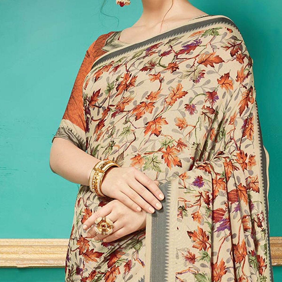 Beige Printed Casual Wear Pashmina Silk Saree - Peachmode