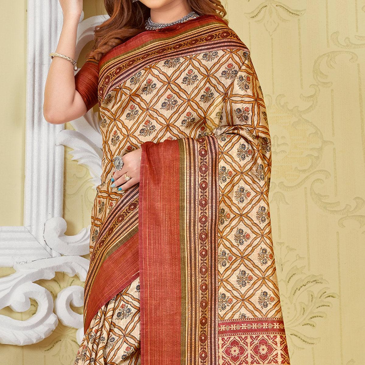 Beige Printed Cotton Saree - Peachmode