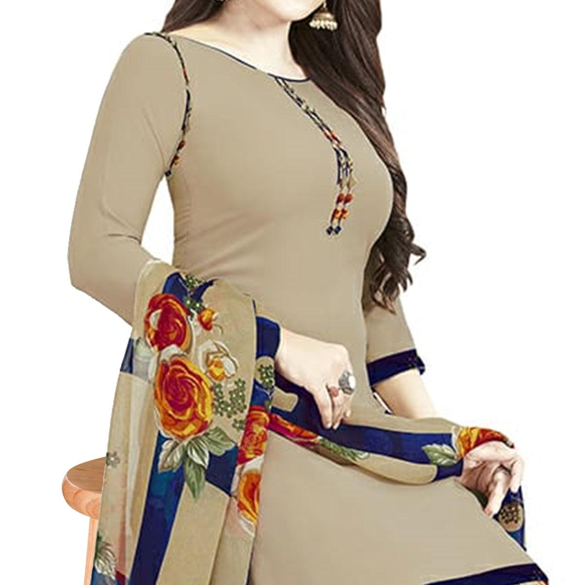 Beige Printed Crepe Patiala Dress Material - Peachmode