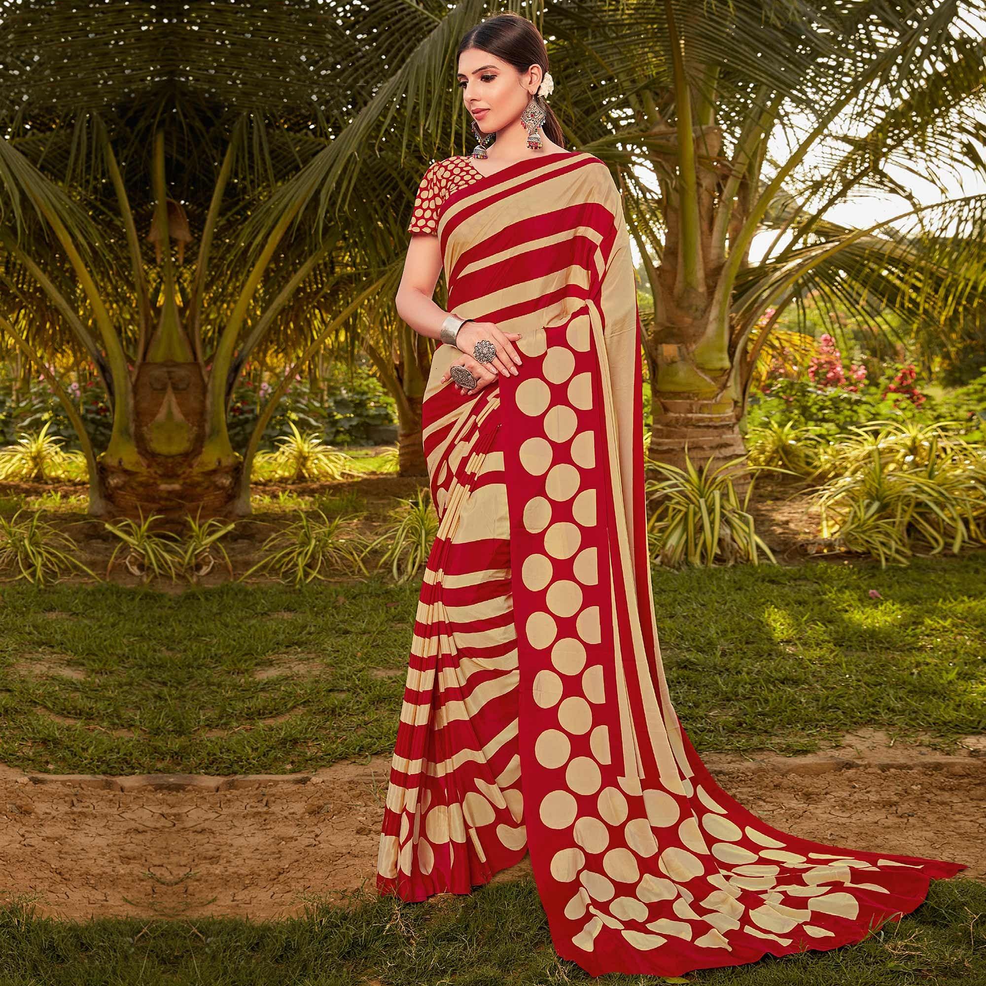 Beige Printed Crepe Saree - Peachmode