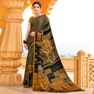 Beige Printed Crepe Saree - Peachmode