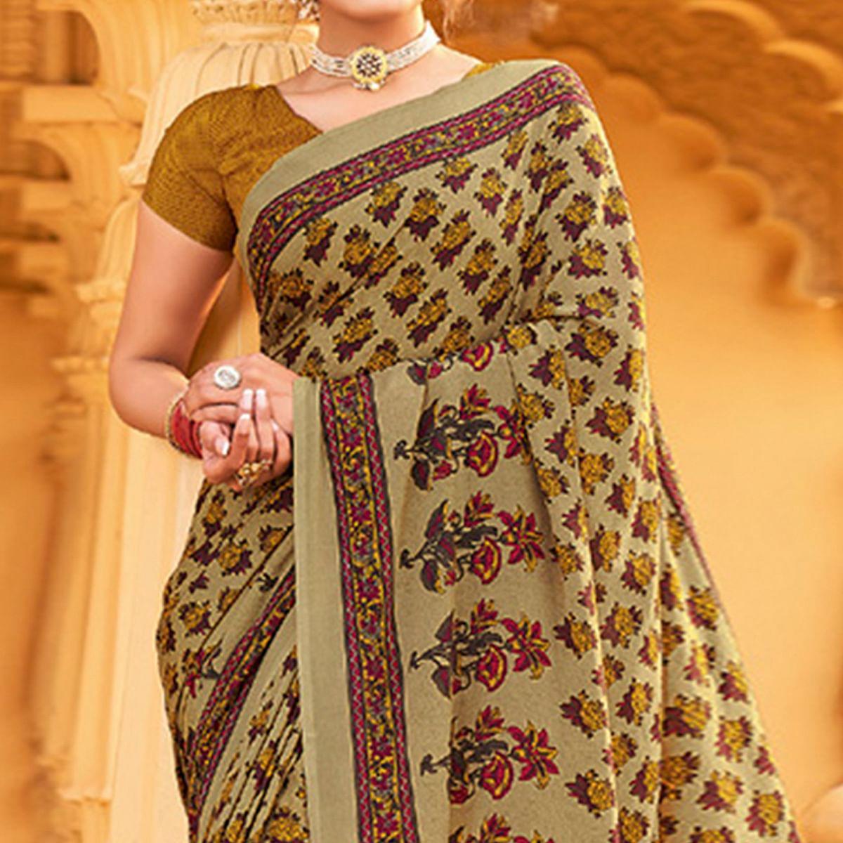 Beige Printed Crepe Saree - Peachmode