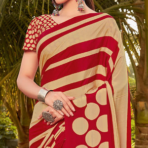 Beige Printed Crepe Saree - Peachmode