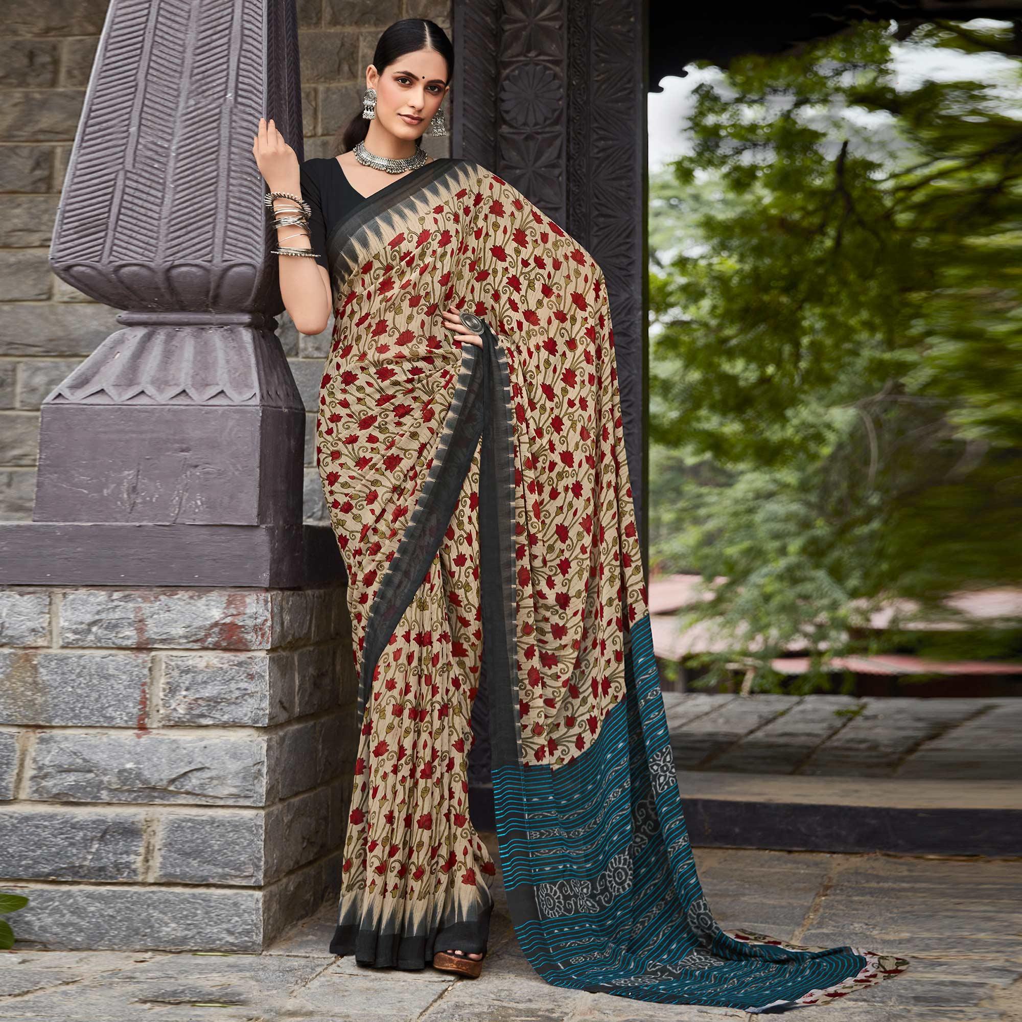 Beige Printed Geoergette Saree - Peachmode