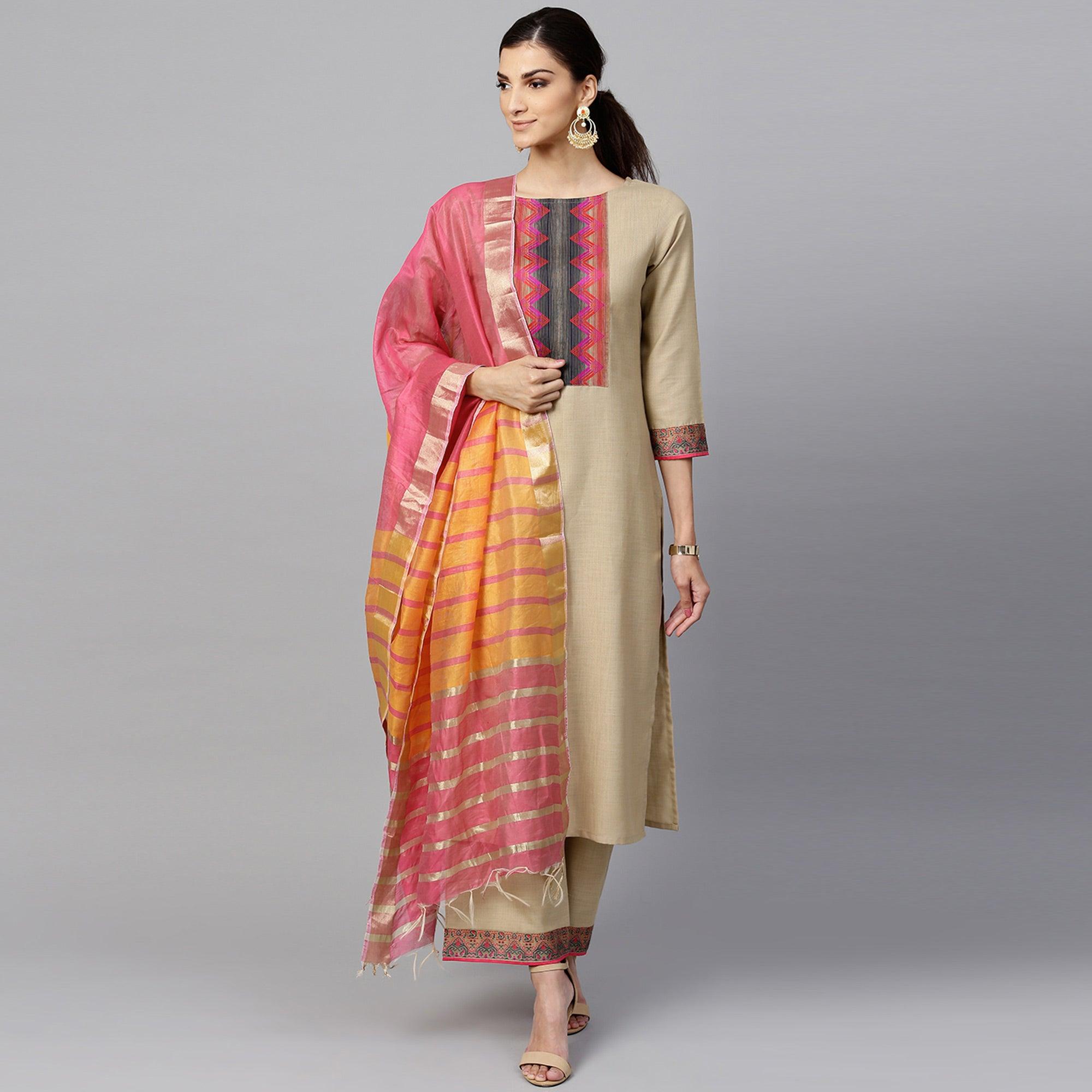 Beige Printed Poly Cotton Salwar Suit - Peachmode