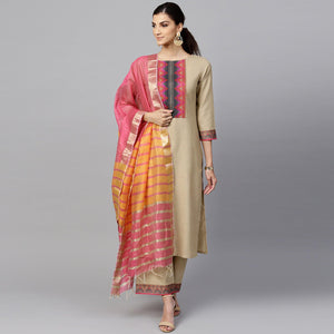 Beige Printed Poly Cotton Salwar Suit - Peachmode