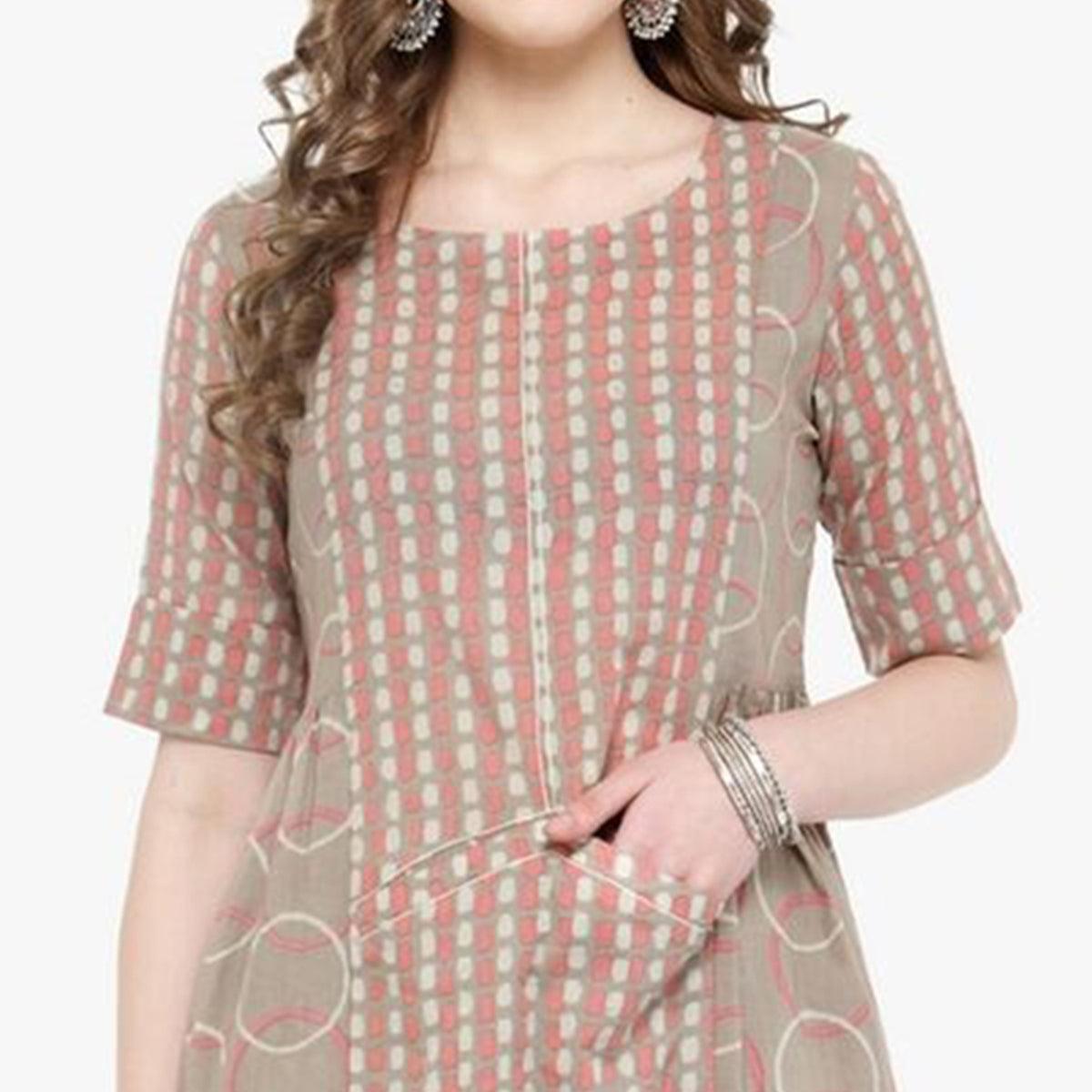Beige Printed Pure Cotton Kurti - Peachmode