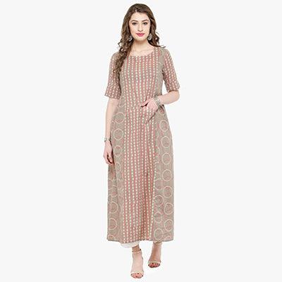 Beige Printed Pure Cotton Kurti - Peachmode