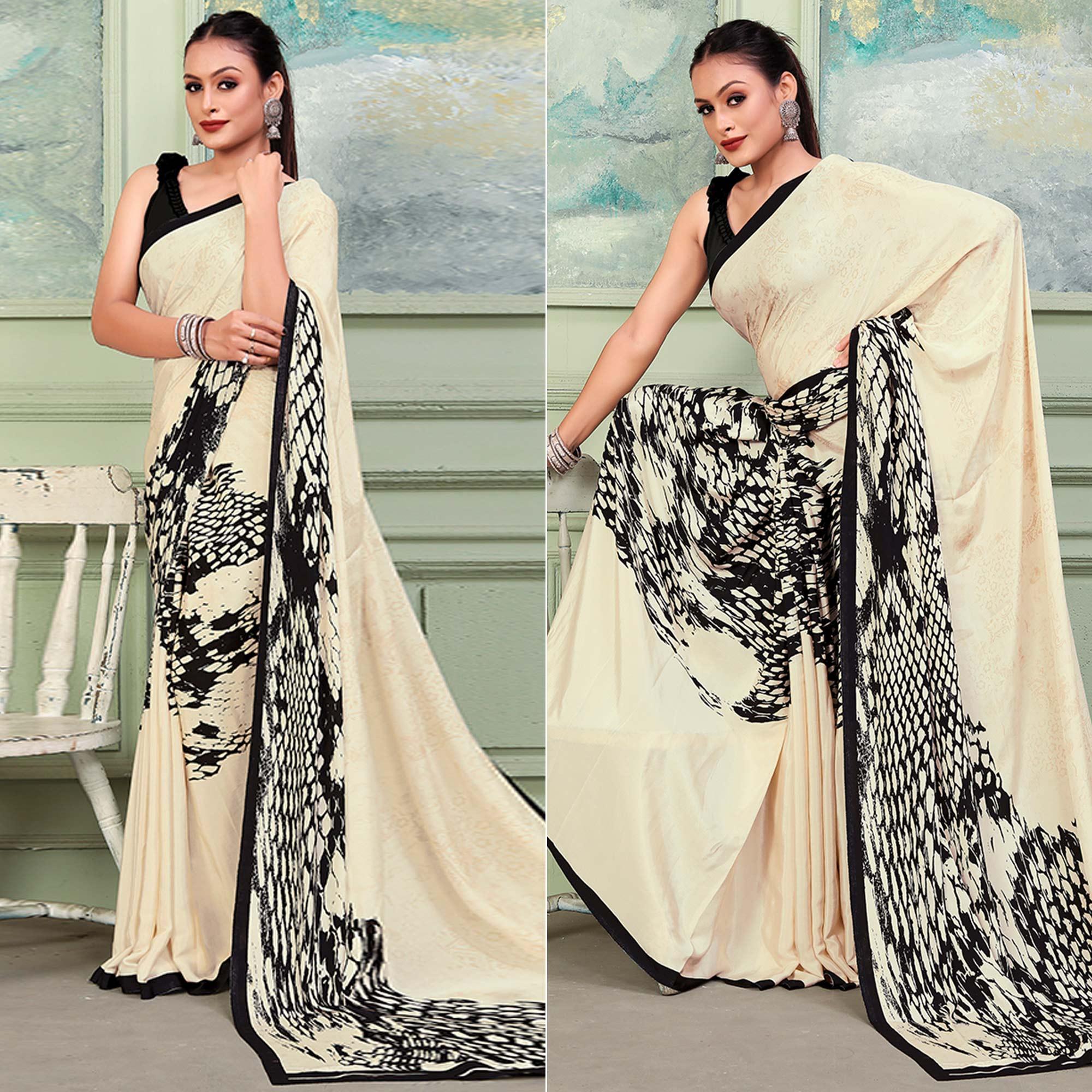 Beige Printed Raw Silk Saree - Peachmode