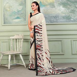 Beige Printed Raw Silk Saree - Peachmode