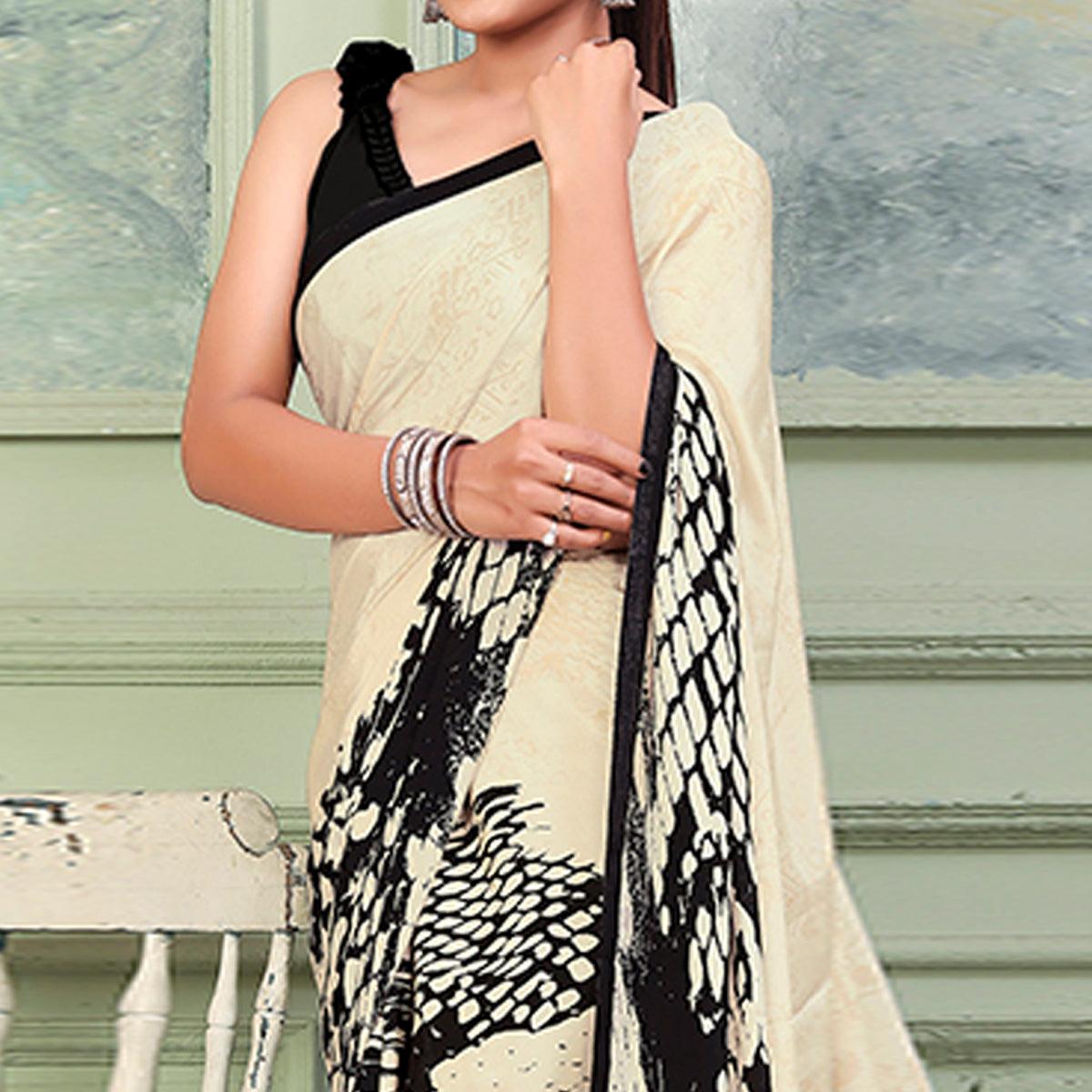 Beige Printed Raw Silk Saree - Peachmode