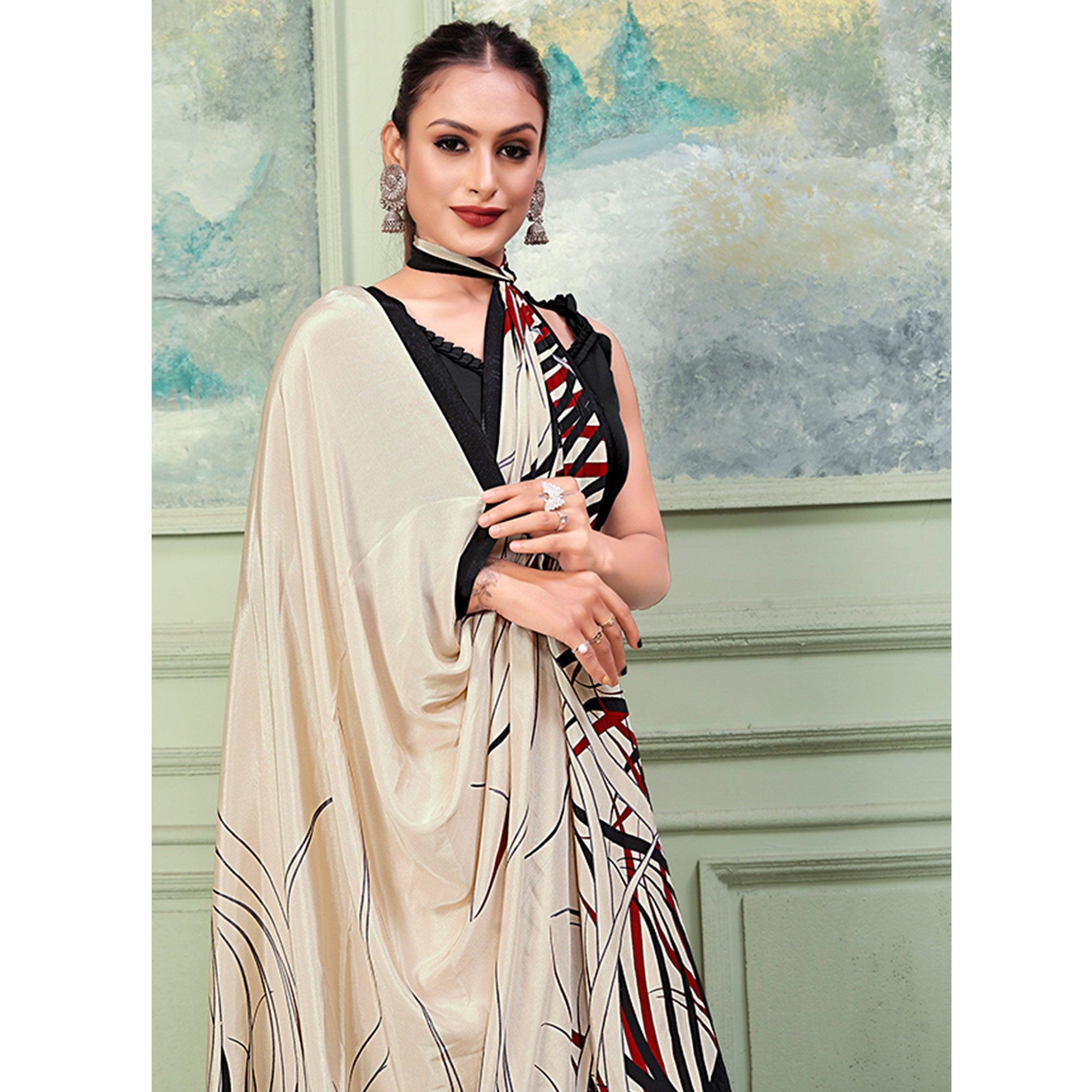 Beige Printed Raw Silk Saree - Peachmode