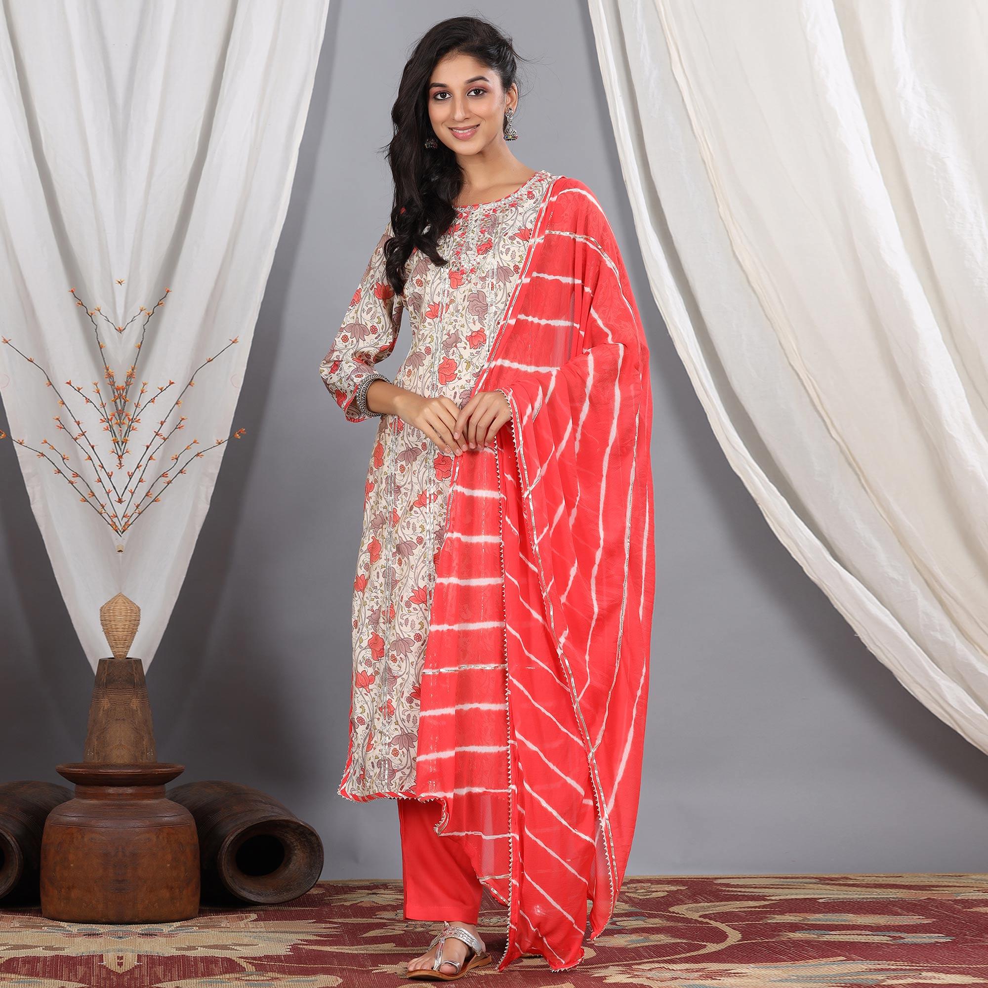 Beige - Red Casual Wear Printed Cotton Kurti - Pant Set With Dupatta - Peachmode