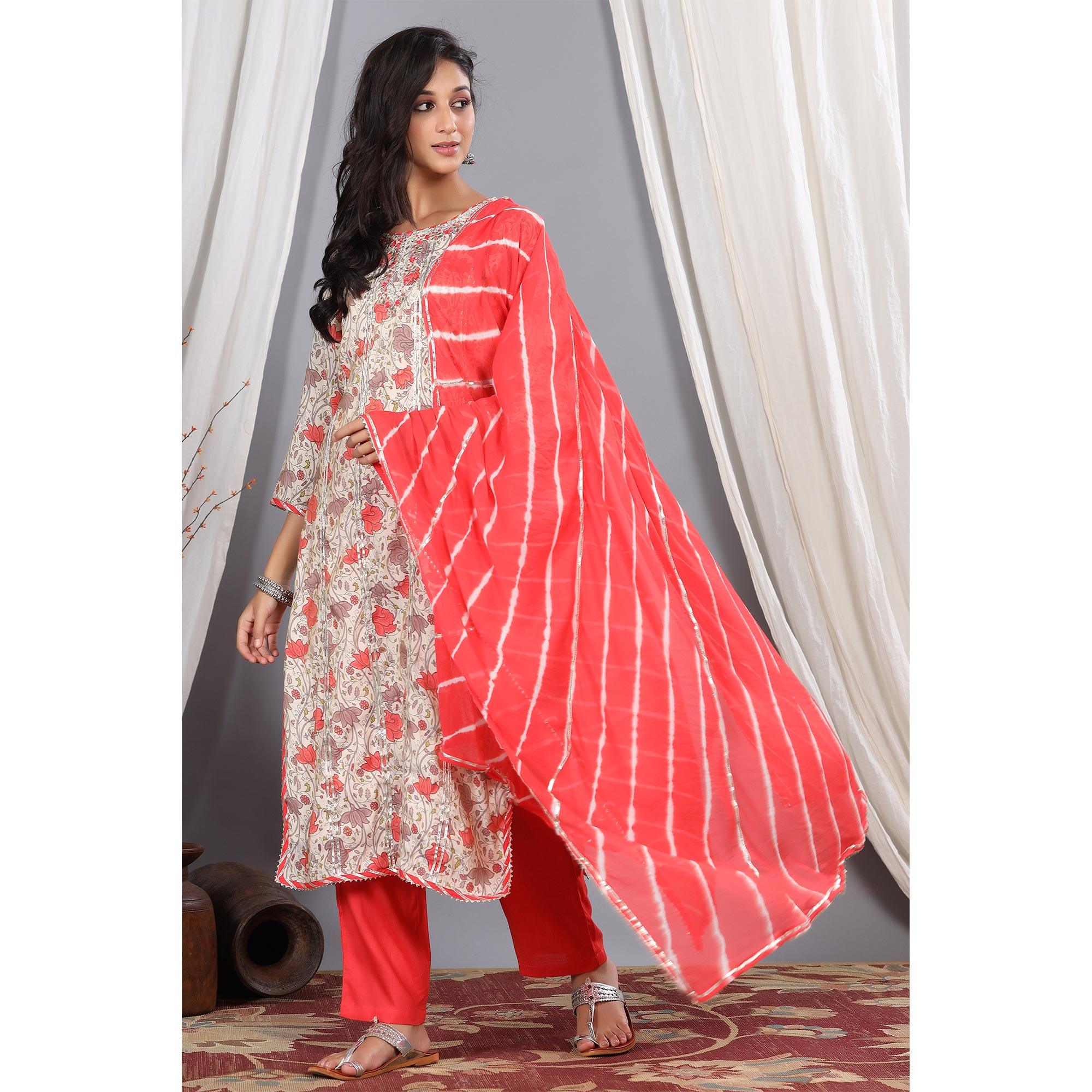 Beige - Red Casual Wear Printed Cotton Kurti - Pant Set With Dupatta - Peachmode