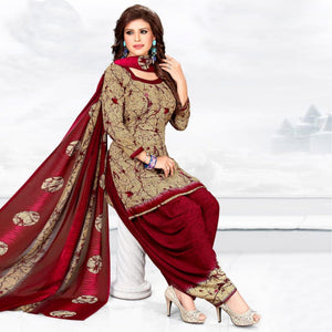 Beige-Red Casual Wear Printed Crepe Patiala Dress Material - Peachmode