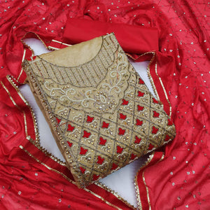 Beige-Red Embroidered Chanderi Dress Material - Peachmode