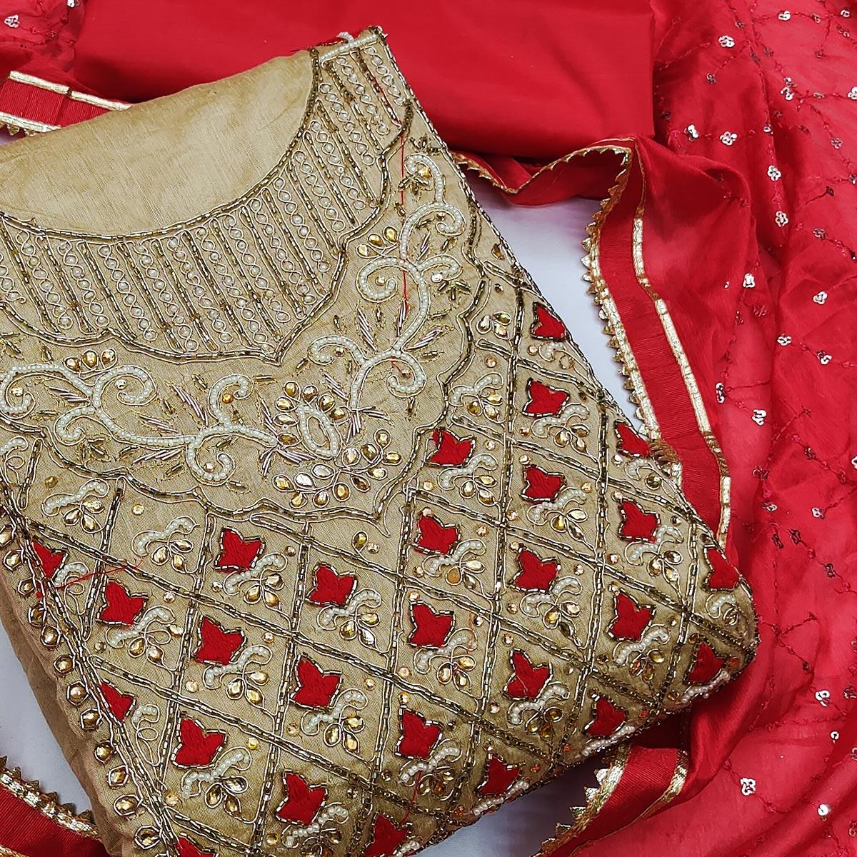 Beige-Red Embroidered Chanderi Dress Material - Peachmode