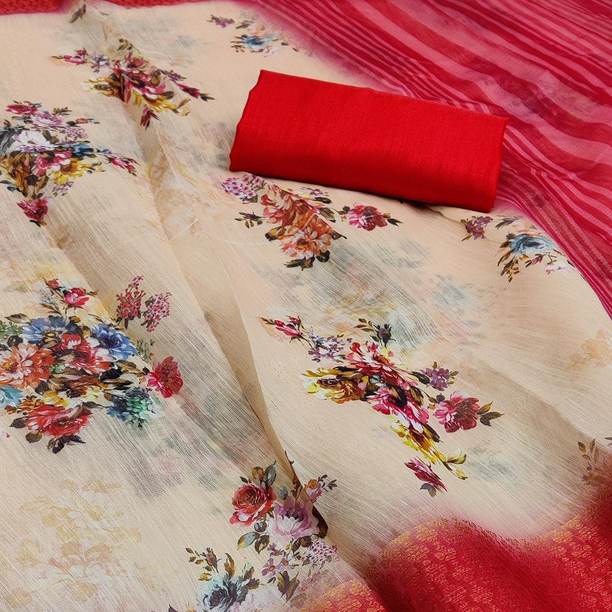 Beige-Red Festive Wear Floral Digital Printed With Woven Zari Border Cotton Saree - Peachmode
