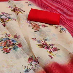 Beige-Red Festive Wear Floral Digital Printed With Woven Zari Border Cotton Saree - Peachmode
