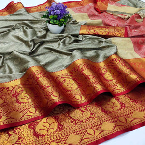 Beige - Red Festive Wear Woven Soft Cotton Saree - Peachmode